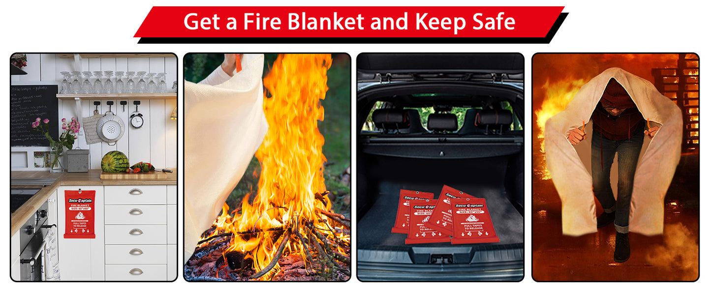 Emergency Fire Blanket for Home - 60"x60" X-Large 4 Pack Flame Retardant Blankets with Fireproof Tabs for House Camping Kitchen Fire Protection Survival Safety
