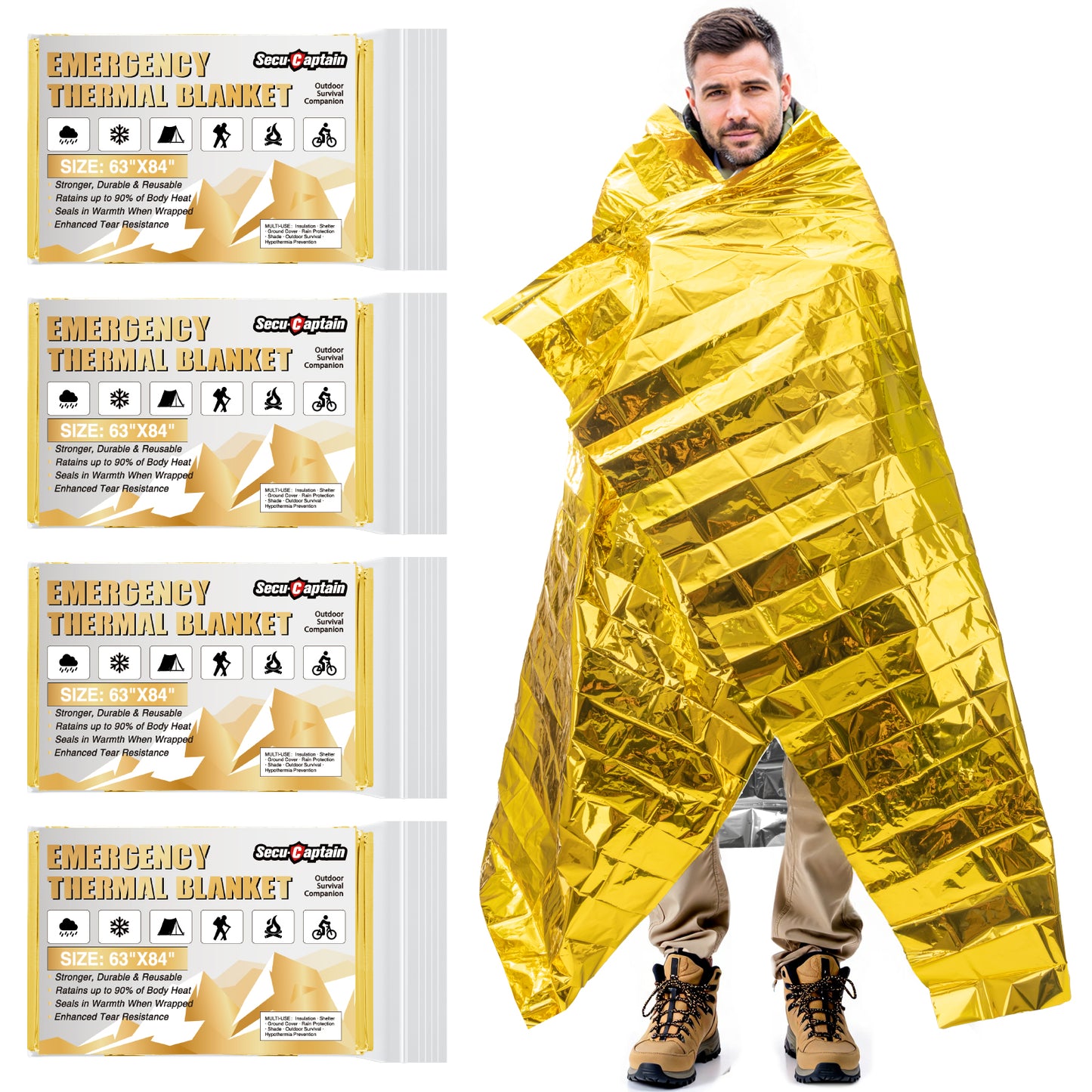SecuCaptain Survival Emergency Thermal Blankets: Extra Large 84” x63” Space Mylar Blanket Kit for Outdoor Cold Winter Camping Hiking Car Bug Out Bag or First Aid - 4 Pack Gold