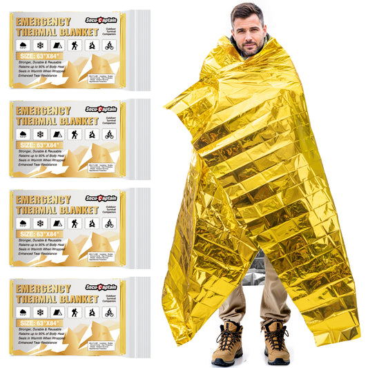 SecuCaptain Survival Emergency Thermal Blankets: Extra Large 84” x63” Space Mylar Blanket Kit for Outdoor Cold Winter Camping Hiking Car Bug Out Bag or First Aid - 4 Pack Gold