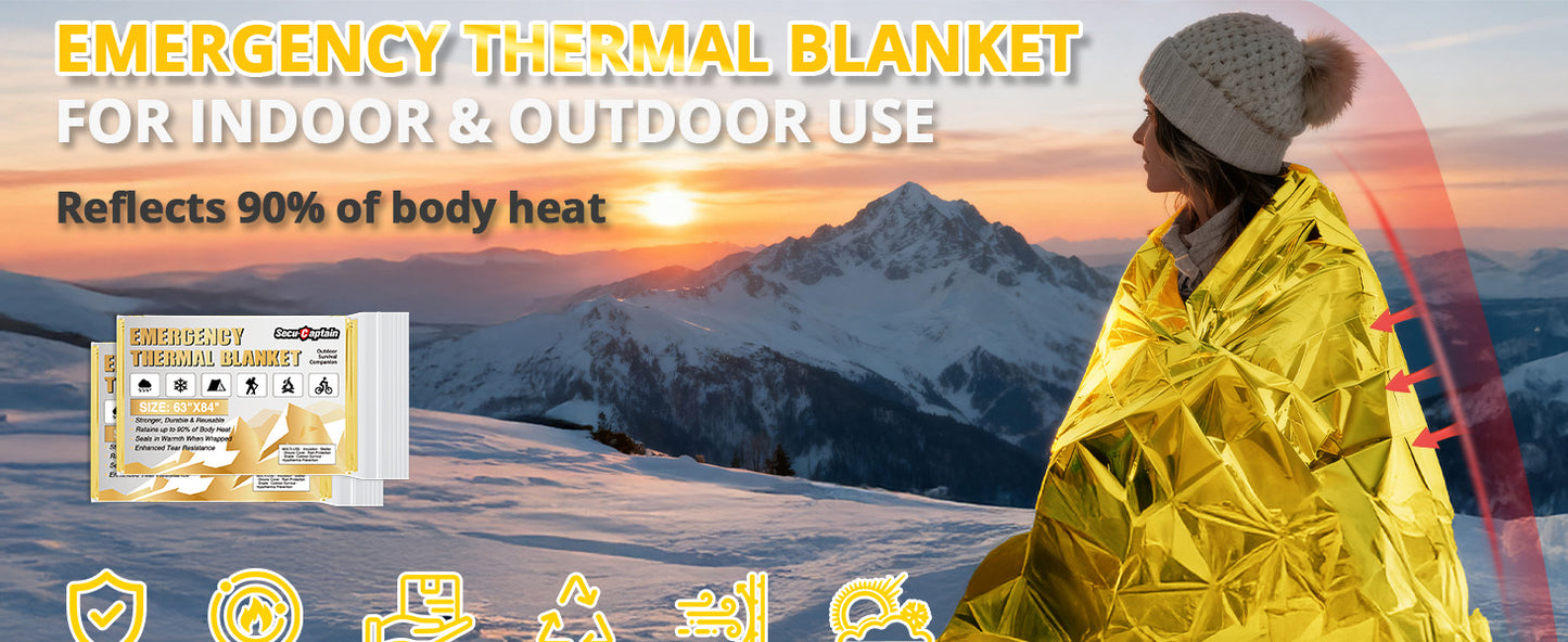 SecuCaptain Survival Emergency Thermal Blankets: Extra Large 84” x63” Space Mylar Blanket Kit for Outdoor Cold Winter Camping Hiking Car Bug Out Bag or First Aid - 4 Pack Gold