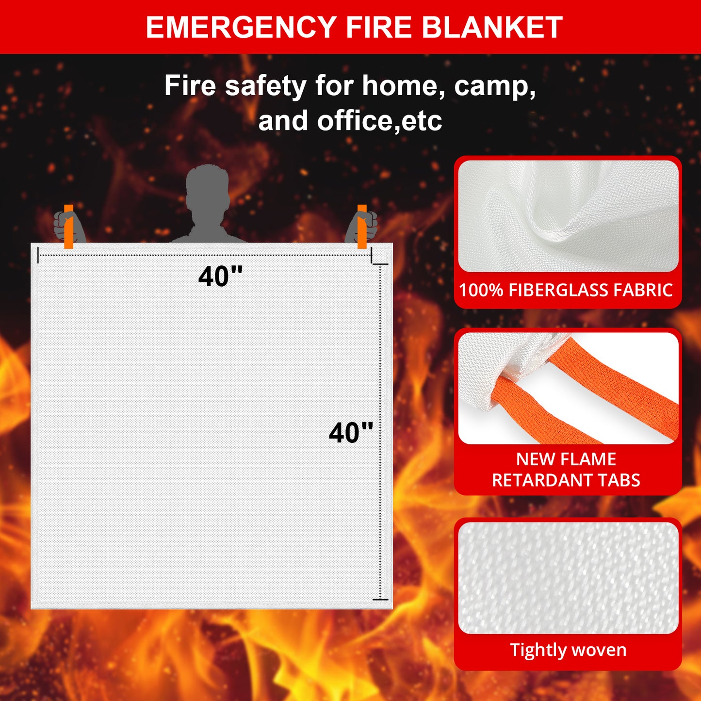 Emergency Fire Blanket for Home and Kitchen - 2 Pack 40"x40" Flame Suppression Fiberglass Fire Blankets for House Camping Car Office Warehouse Emergency Survival Safety