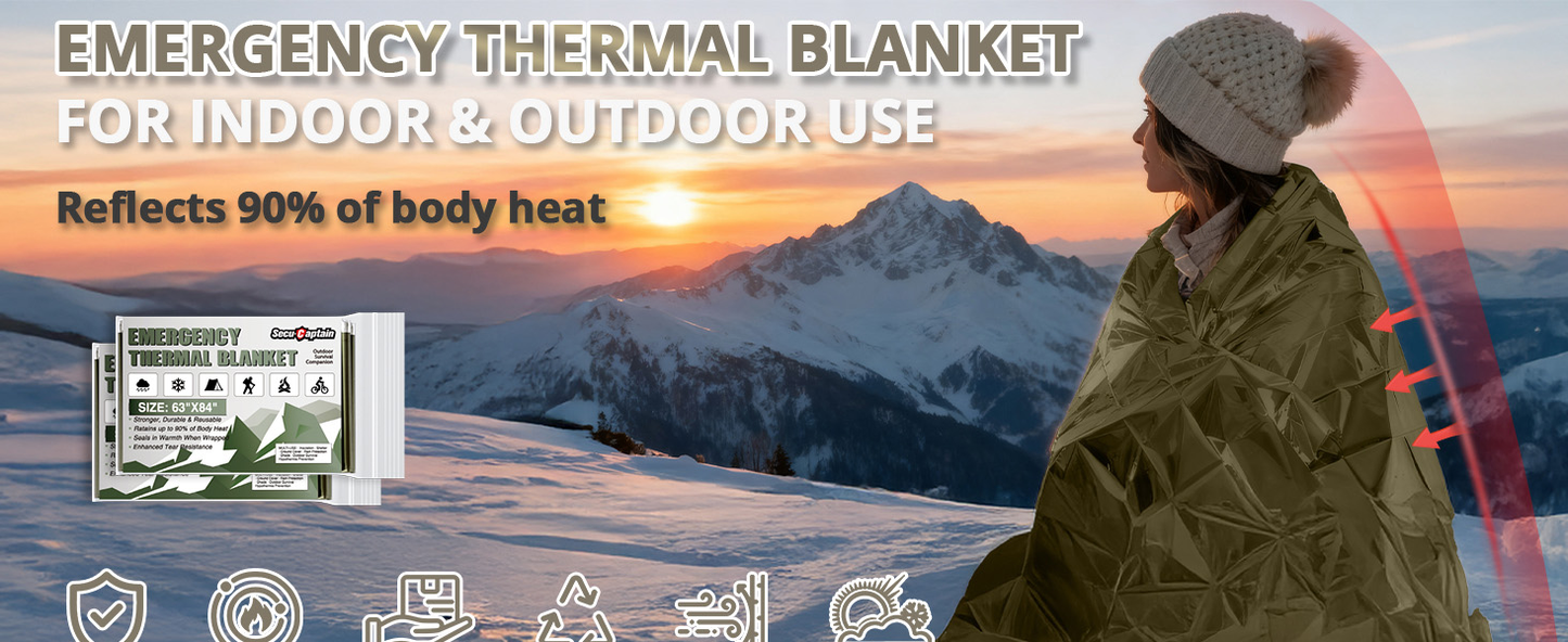 Survival Emergency Thermal Blankets: Extra Large 84” x63” Space Mylar Blanket Kit for Outdoor Cold Winter Camping Hiking Car Bug Out Bag or First Aid - 10 Pack Amy Green