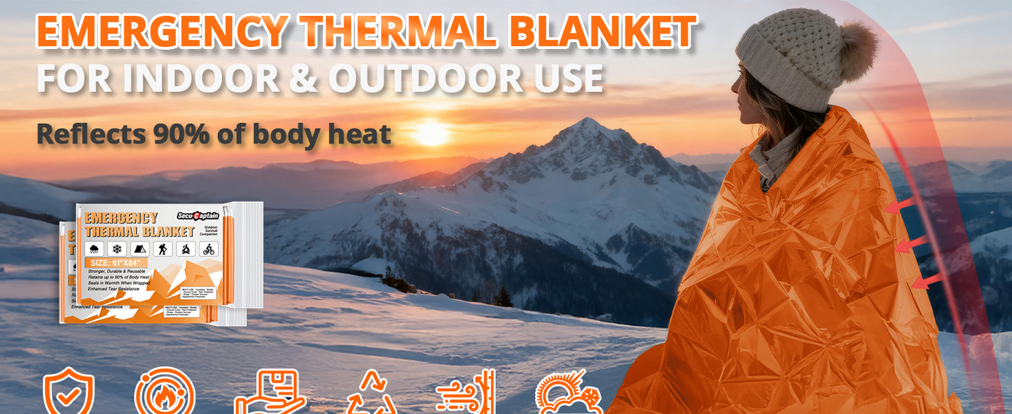 Survival Emergency Thermal Blankets: Thicken 28um Space Mylar Blanket Kit for Outdoor Cold Winter Camping, Hiking, Car Bug Out Bag, or First Aid - Orange 4 Pack