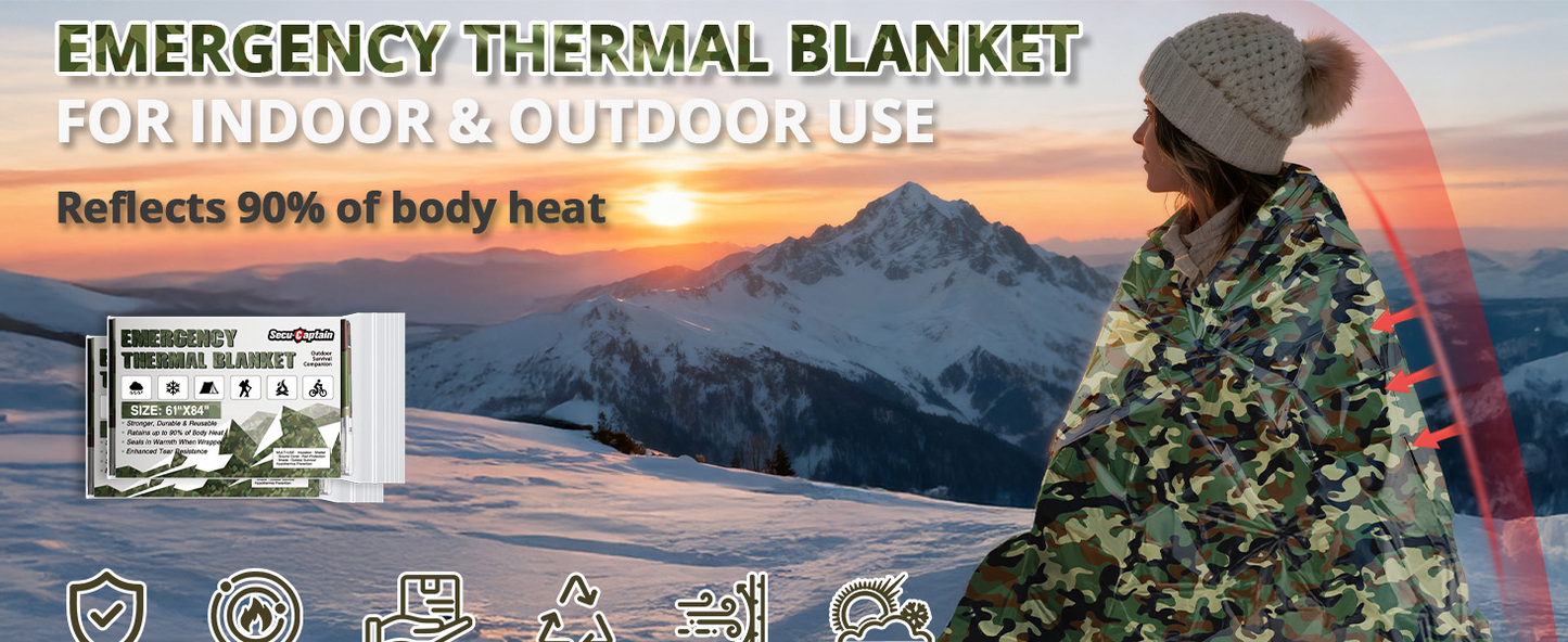Survival Emergency Thermal Blankets: Thicken 28um Space Mylar Blanket Kit for Outdoor Cold Winter Camping, Hiking, Car Bug Out Bag, or First Aid - Woodland Camo 4 Pack