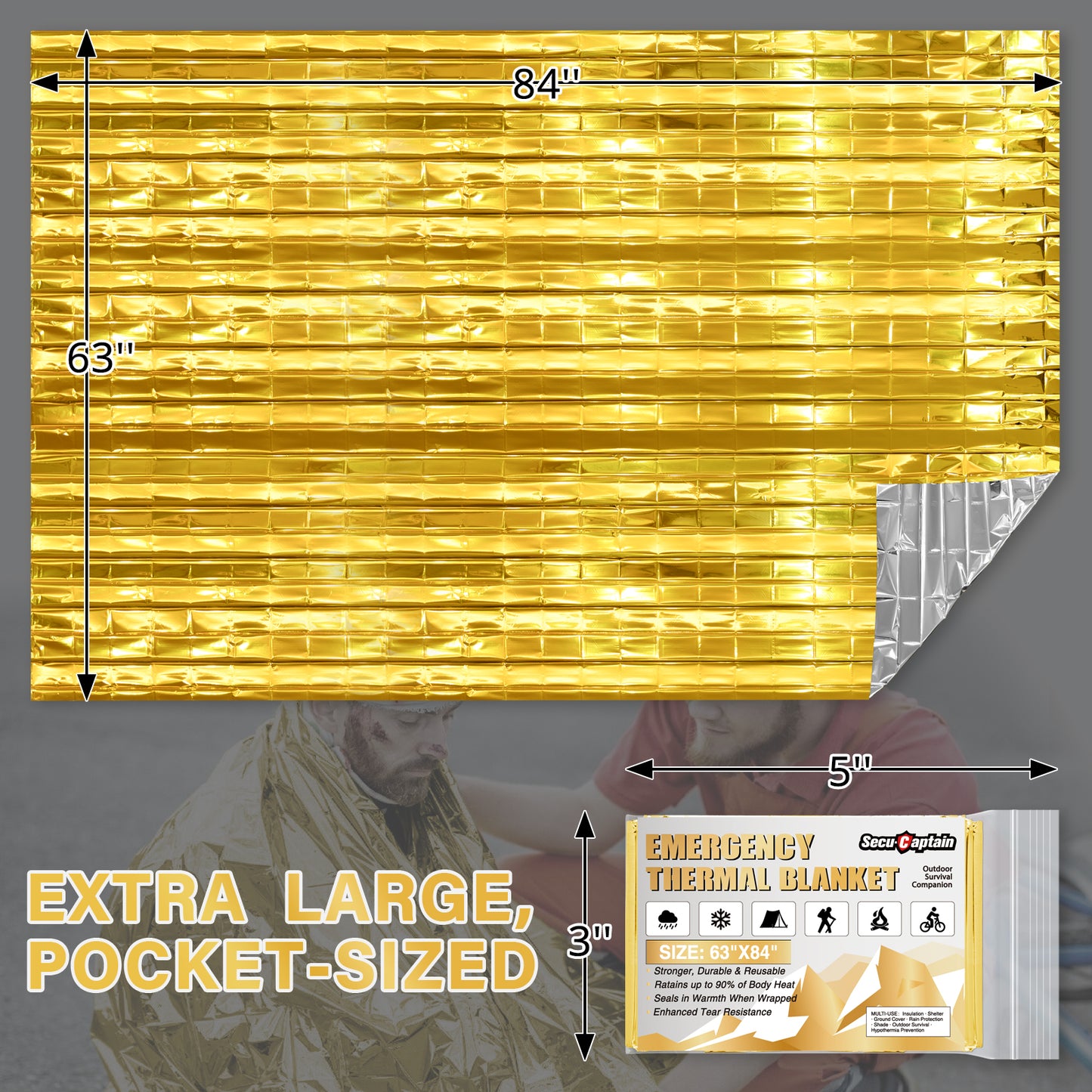 SecuCaptain Survival Emergency Thermal Blankets: Extra Large 84” x63” Space Mylar Blanket Kit for Outdoor Cold Winter Camping Hiking Car Bug Out Bag or First Aid - 4 Pack Gold