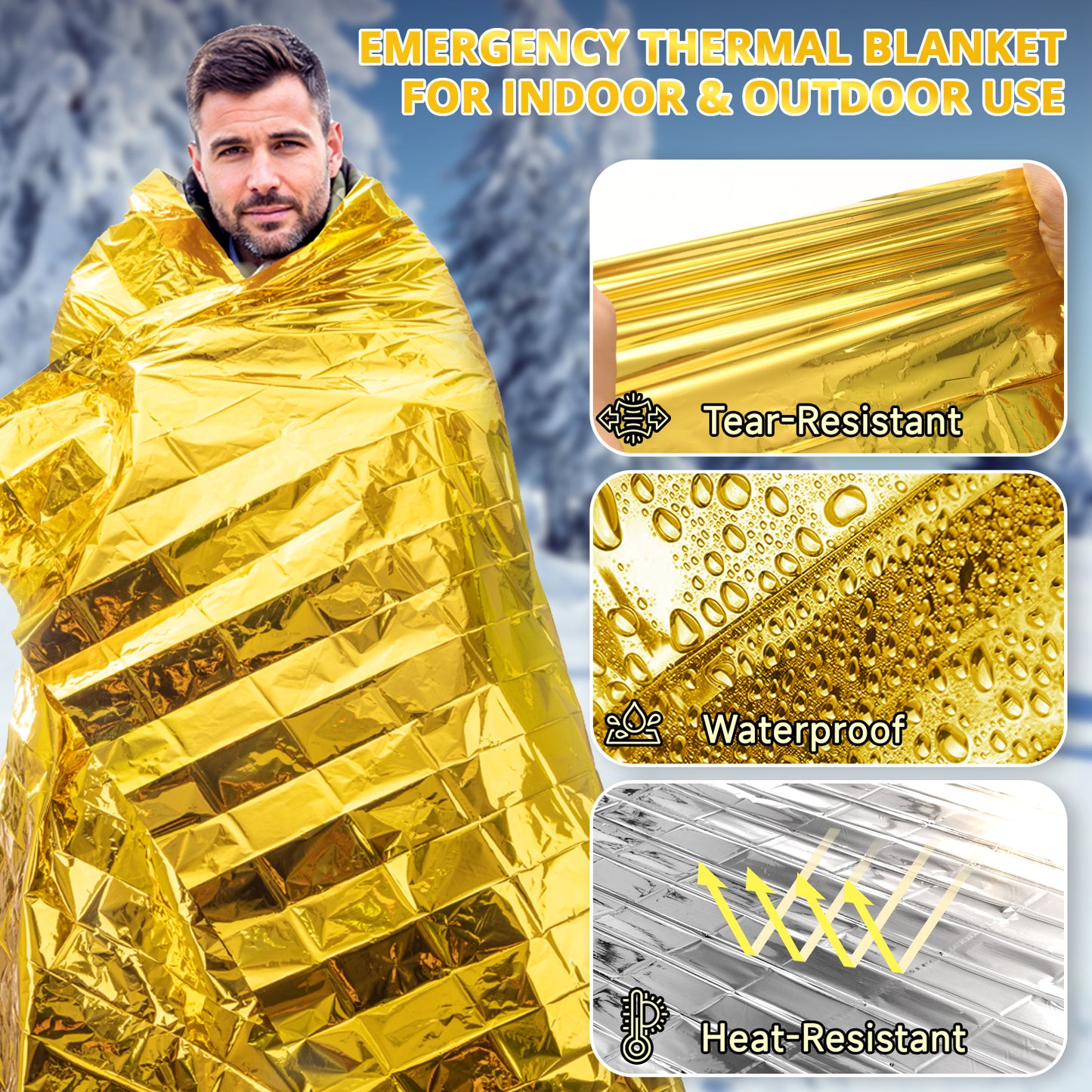 SecuCaptain Survival Emergency Thermal Blankets: Extra Large 84” x63” Space Mylar Blanket Kit for Outdoor Cold Winter Camping Hiking Car Bug Out Bag or First Aid - 4 Pack Gold