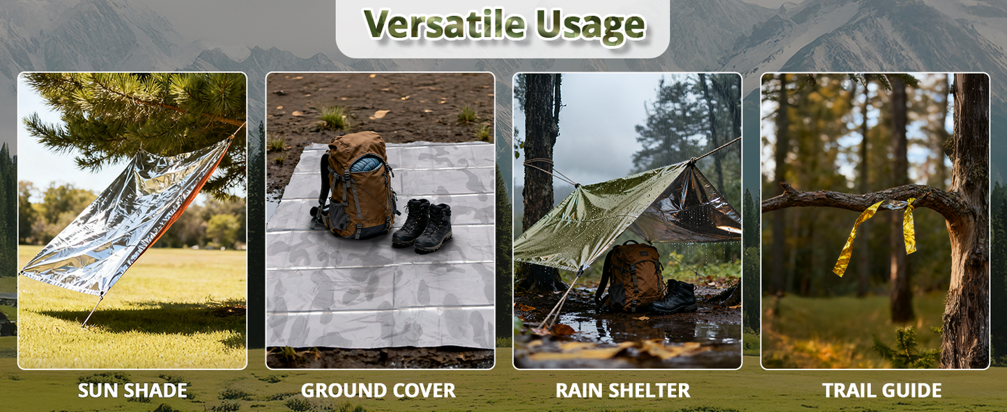 Survival Emergency Thermal Blankets: Thicken 28um Space Mylar Blanket Kit for Outdoor Cold Winter Camping, Hiking, Car Bug Out Bag, or First Aid - Woodland Camo 4 Pack