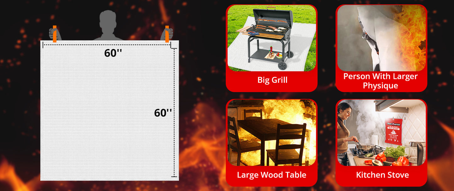 Emergency Fire Blanket for Home - 2 Pack 60"x60" X-Large Flame Retardant Blankets with Fireproof Tabs for House Camping Kitchen Fire Protection Survival Safety