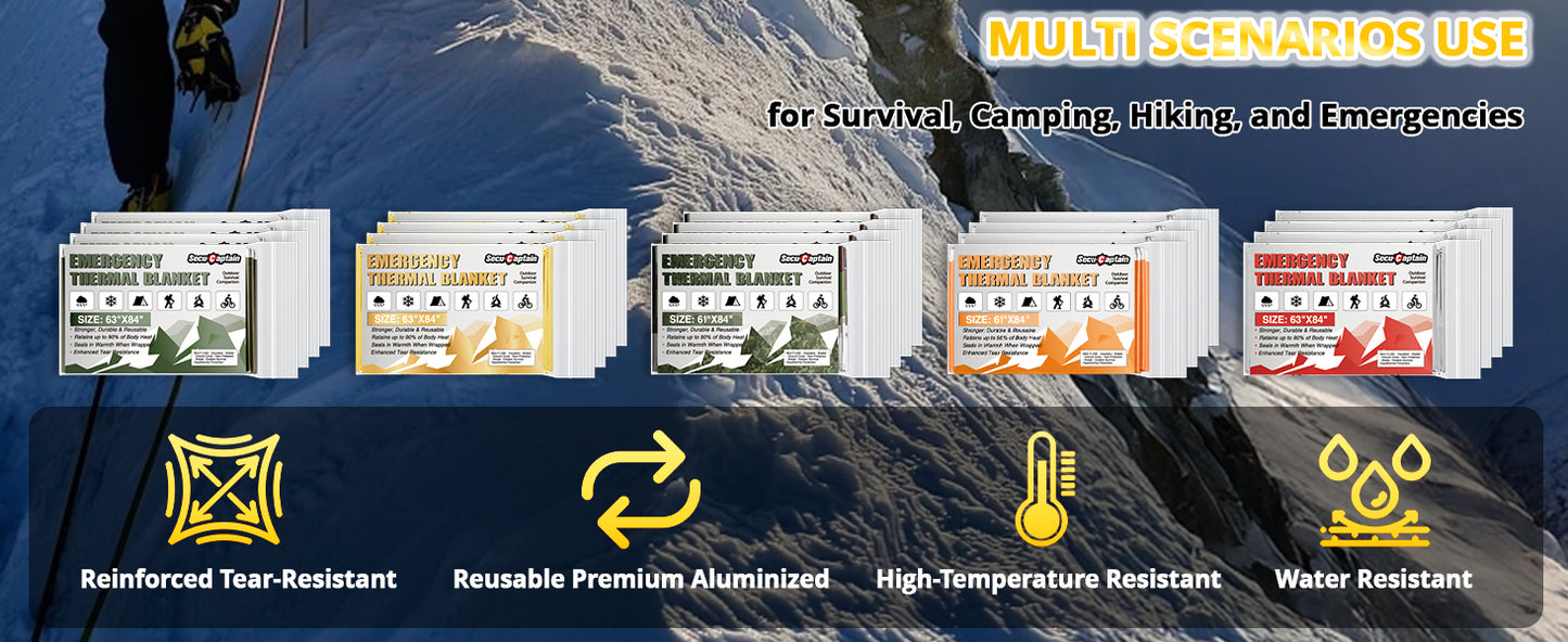 SecuCaptain Survival Emergency Thermal Blankets: Extra Large 84” x63” Space Mylar Blanket Kit for Outdoor Cold Winter Camping Hiking Car Bug Out Bag or First Aid - 4 Pack Gold