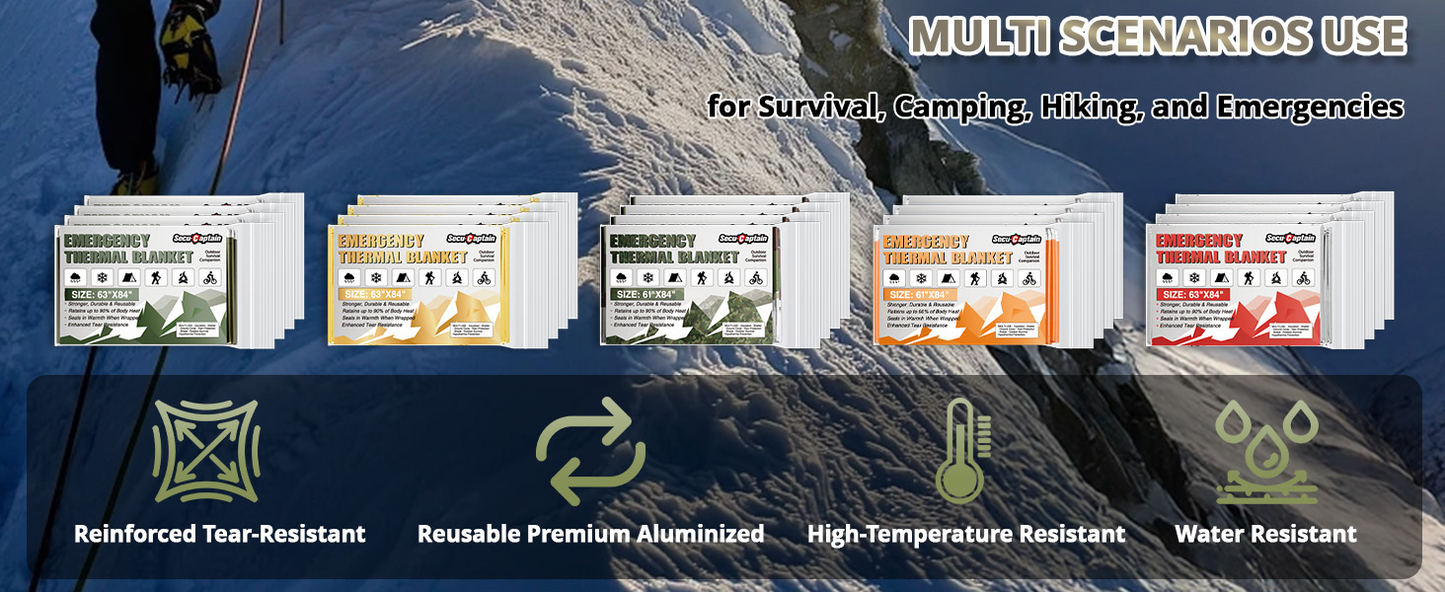 Survival Emergency Thermal Blankets: Extra Large 84” x63” Space Mylar Blanket Kit for Outdoor Cold Winter Camping Hiking Car Bug Out Bag or First Aid - 10 Pack Amy Green