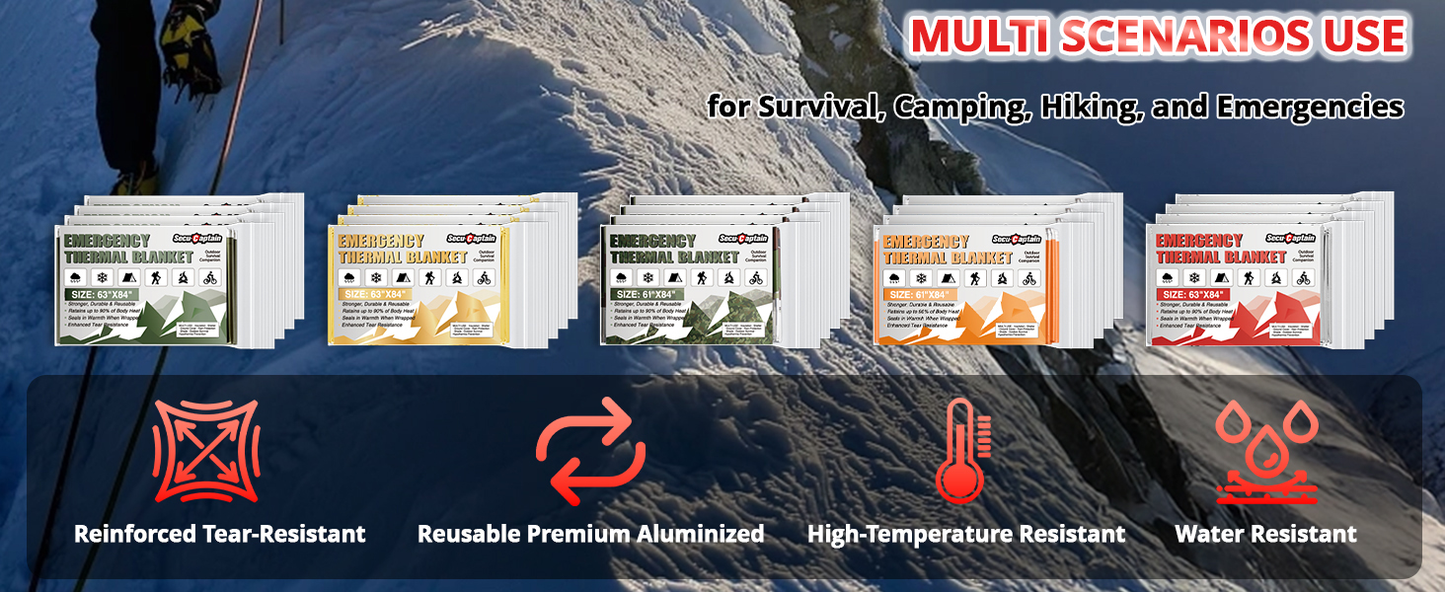 Survival Emergency Thermal Blankets: 100 Pack Extra Large 84” x63” Space Mylar Blanket Kit for Outdoor Cold Winter Camping Hiking Car Bug Out Bag or First Aid