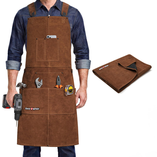 Leather Welding Work Apron Men Women - 24" x 36" Widened Straps Heat Flame Resistant Welder Tool Apron Heavy Duty For Welding, Woodworking, Blacksmith, Shop - Dark Brown Adjustable M To XXXL