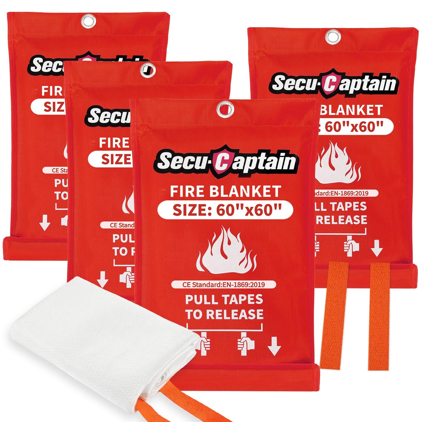 Emergency Fire Blanket for Home - 60"x60" X-Large 4 Pack Flame Retardant Blankets with Fireproof Tabs for House Camping Kitchen Fire Protection Survival Safety