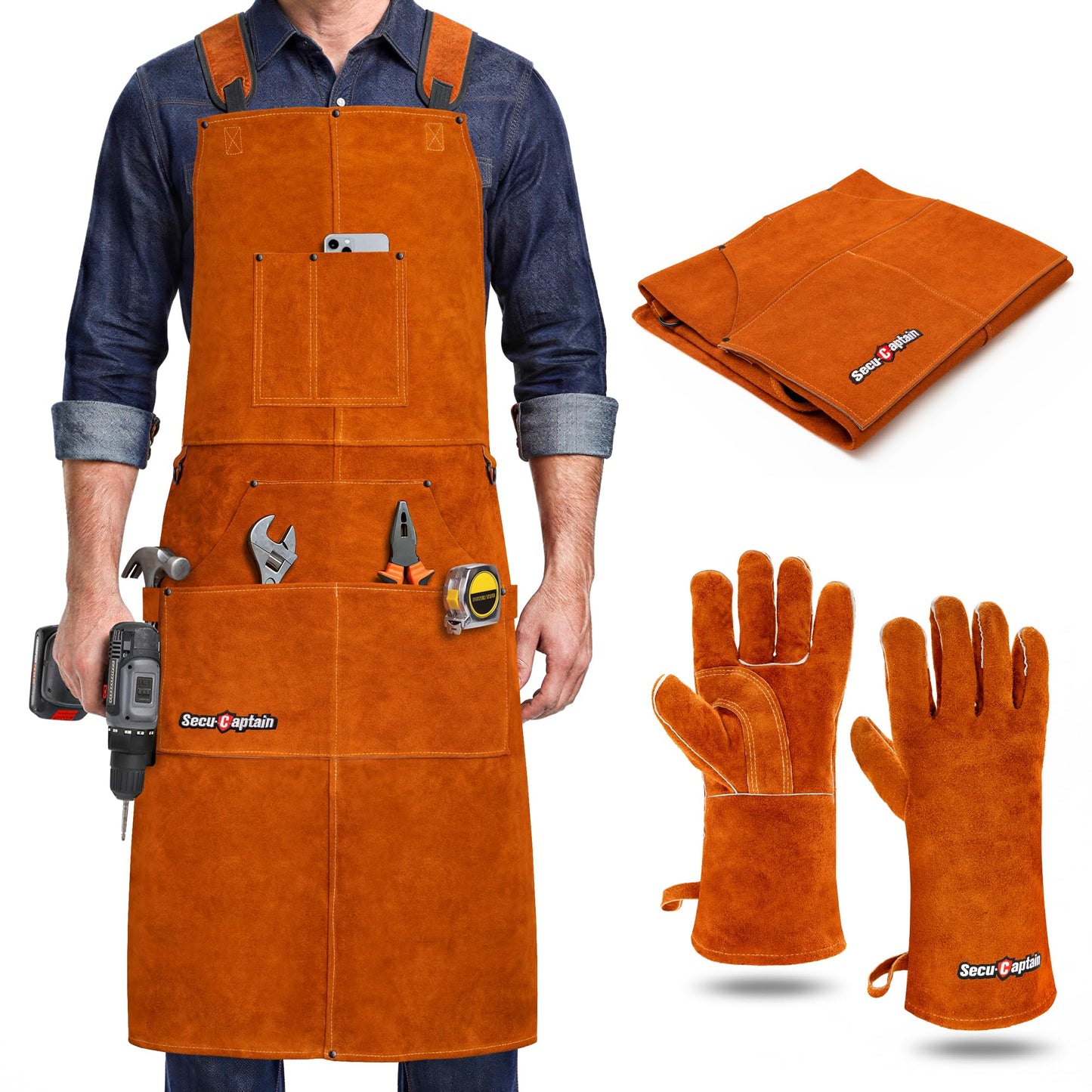 Leather Welding Work Apron Men - X-Large 24" x 42" Widened Straps Heat Flame Resistant Welder Tool Aprons with Gloves Pockets Heavy Duty for Woodworking, Shop - Brown Adjustable M to XXXL