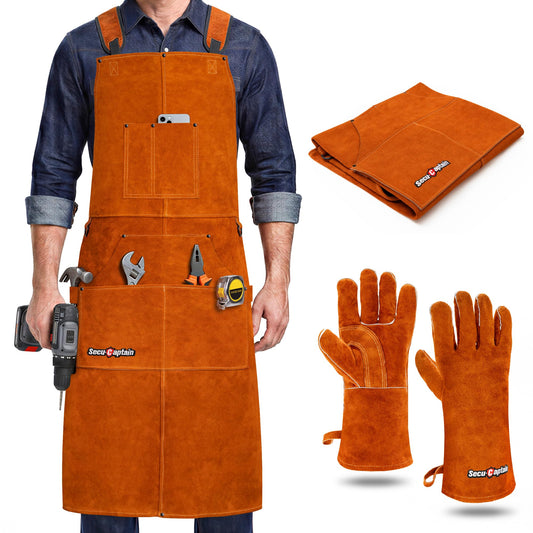 Leather Welding Work Apron Men - X-Large 24" x 42" Widened Straps Heat Flame Resistant Welder Tool Aprons with Gloves Pockets Heavy Duty for Woodworking, Shop - Brown Adjustable M to XXXL