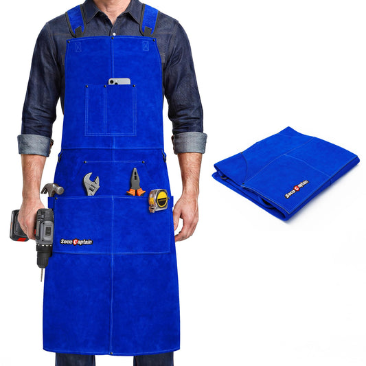 Leather Welding Work Apron Men - X-Large 24'' x 42'' Widened Straps Heat Flame Resistant Welder Tool Apron With Pockets Heavy Duty For Woodworking, Blacksmith, Shop, Blue Adjustable M To XXXL