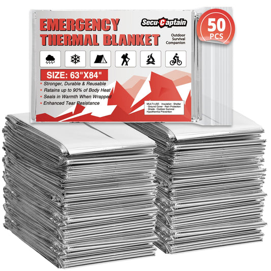 Survival Emergency Thermal Blankets: 50 Pack Extra Large 84” x63” Space Mylar Blanket Kit for Outdoor Cold Winter Camping Hiking Car Bug Out Bag or First Aid