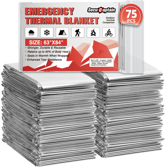 Survival Emergency Thermal Blankets: 75 Pack Extra Large 84” x63” Space Mylar Blanket Kit for Outdoor Cold Winter Camping Hiking Car Bug Out Bag or First Aid