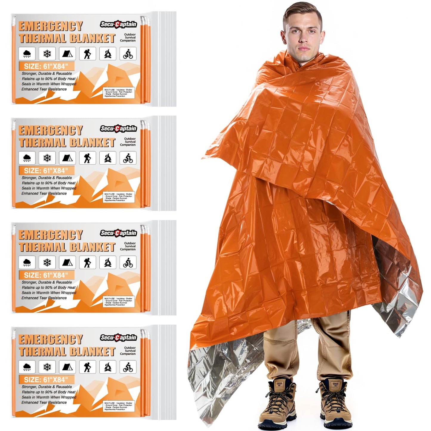 Survival Emergency Thermal Blankets: Thicken 28um Space Mylar Blanket Kit for Outdoor Cold Winter Camping, Hiking, Car Bug Out Bag, or First Aid - Orange 4 Pack