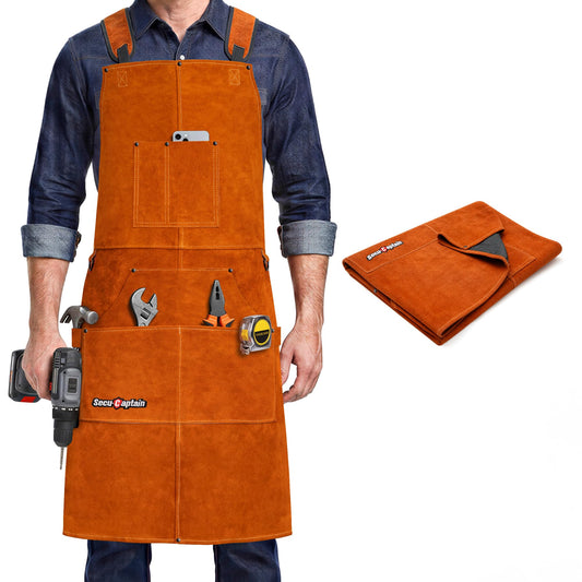 Leather Welding Work Apron Men Women - 24" x 36" Widened Straps Heat Flame Resistant Welder Tool Apron Heavy Duty For Welding, Woodworking, Blacksmith, Shop - Brown Adjustable M To XXXL