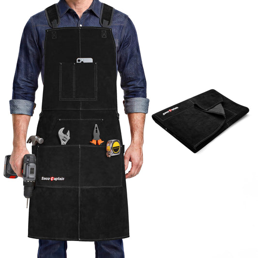 Leather Welding Work Apron Men - Widened Straps 24" x 36" Heat Flame Resistant Welder Tool Apron With Pockets Heavy Duty For Woodworking, Blacksmith, Shop - Black Adjustable M To XXXL