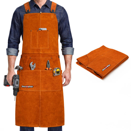 Leather Welding Work Apron Men - X-Large 24'' x 42'' Widened Straps Heat Flame Resistant Welder Tool Apron With Pockets Heavy Duty For Woodworking, Blacksmith, Shop, Brown Adjustable M To XXXL