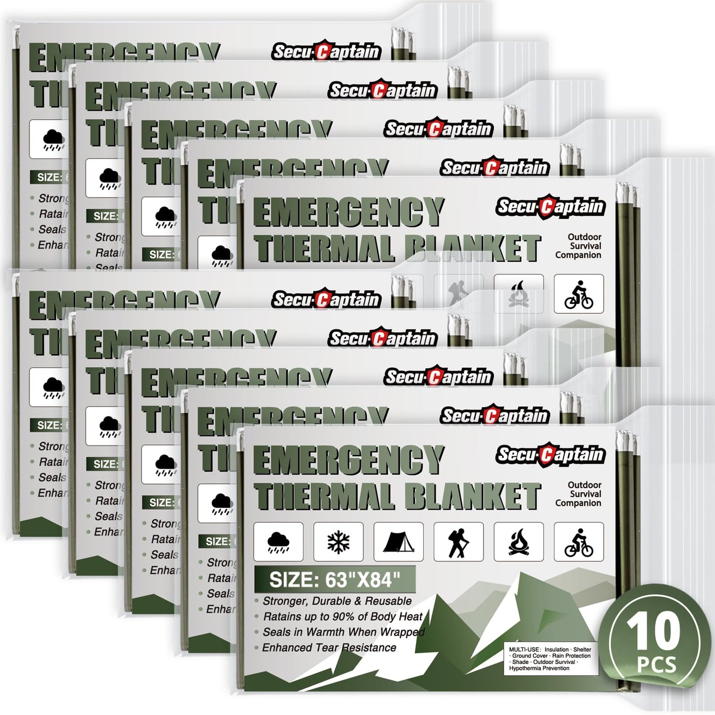 Survival Emergency Thermal Blankets: Extra Large 84” x63” Space Mylar Blanket Kit for Outdoor Cold Winter Camping Hiking Car Bug Out Bag or First Aid - 10 Pack Amy Green