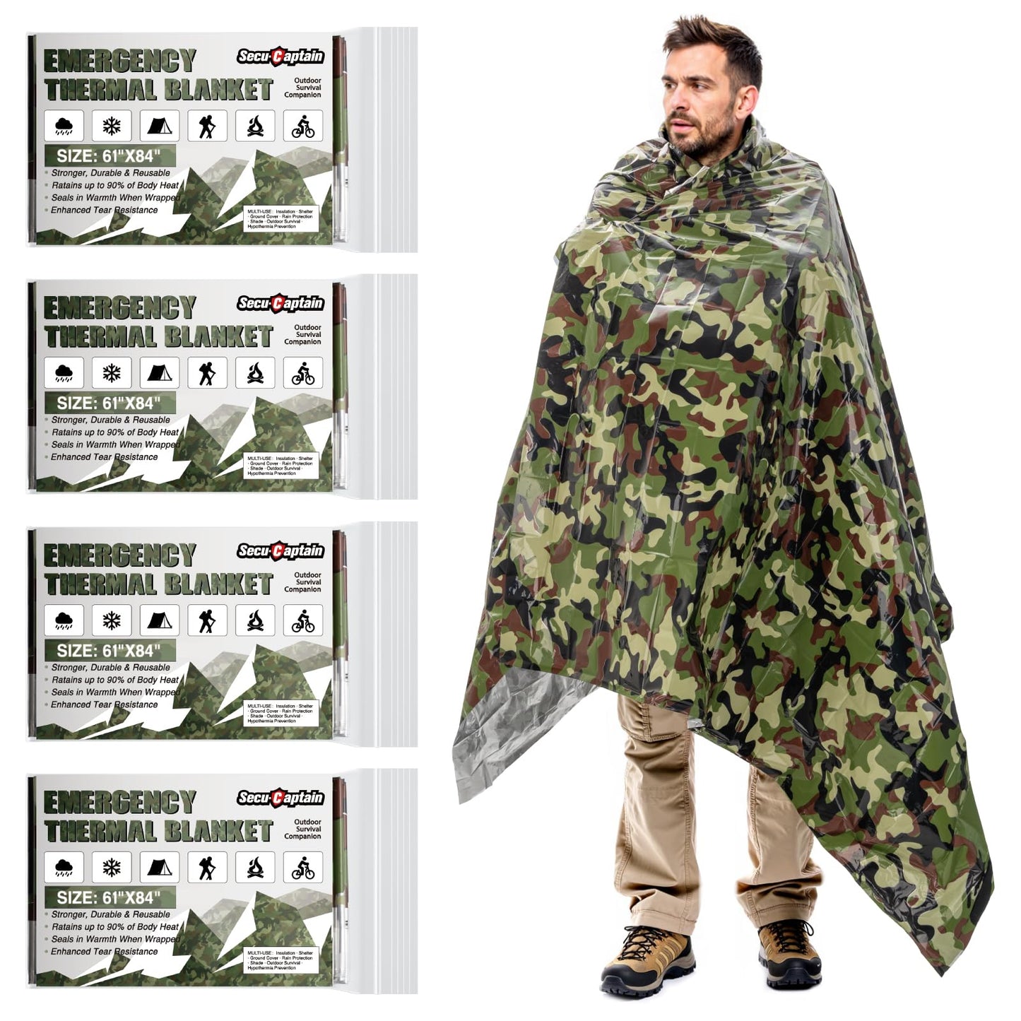 Survival Emergency Thermal Blankets: Thicken 28um Space Mylar Blanket Kit for Outdoor Cold Winter Camping, Hiking, Car Bug Out Bag, or First Aid - Woodland Camo 4 Pack