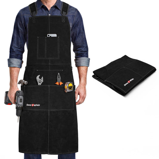 Leather Welding Work Apron Men - X-Large 24'' x 42'' Widened Straps Heat Flame Resistant Welder Tool Apron With Pockets Heavy Duty For Woodworking, Blacksmith, Shop, Black Adjustable M To XXXL