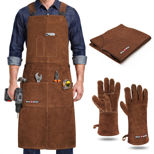 Leather Welding Work Apron Men - X-Large 24" x 42" Widened Straps Heat Flame Resistant Welder Tool Aprons with Gloves Pockets Heavy Duty for Woodworking, Shop - Dark Brown Adjustable M to XXXL