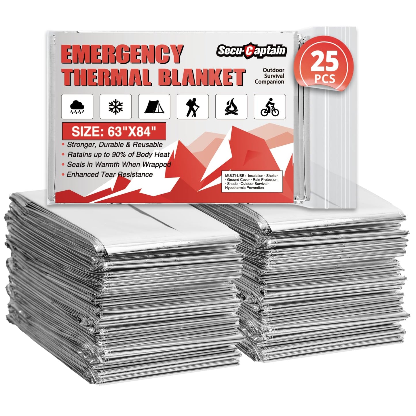 Survival Emergency Thermal Blankets: 25 Pack Extra Large 84” x63” Space Mylar Blanket Kit for Outdoor Cold Winter Camping Hiking Car Bug Out Bag or First Aid