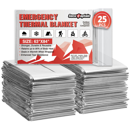 Survival Emergency Thermal Blankets: 25 Pack Extra Large 84” x63” Space Mylar Blanket Kit for Outdoor Cold Winter Camping Hiking Car Bug Out Bag or First Aid