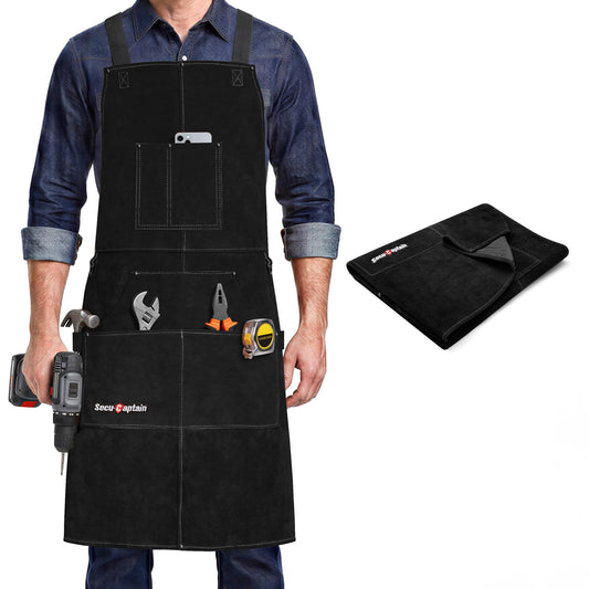 Leather Welding Work Apron Men Women - 24" x 36" Heat Flame Resistant Welder Tool Apron with 6 Tool Pockets Heavy Duty For Welding, Woodworking, Blacksmith, Shop - Black Adjustable M To XXXL