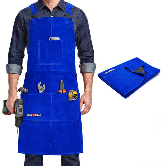 Leather Welding Work Apron Men Women - 24" x 36" Widened Straps Heat & Flame Resistant Welder Tool Apron Heavy Duty For Welding, Woodworking, Blacksmith, Shop - Blue Adjustable M To XXXL