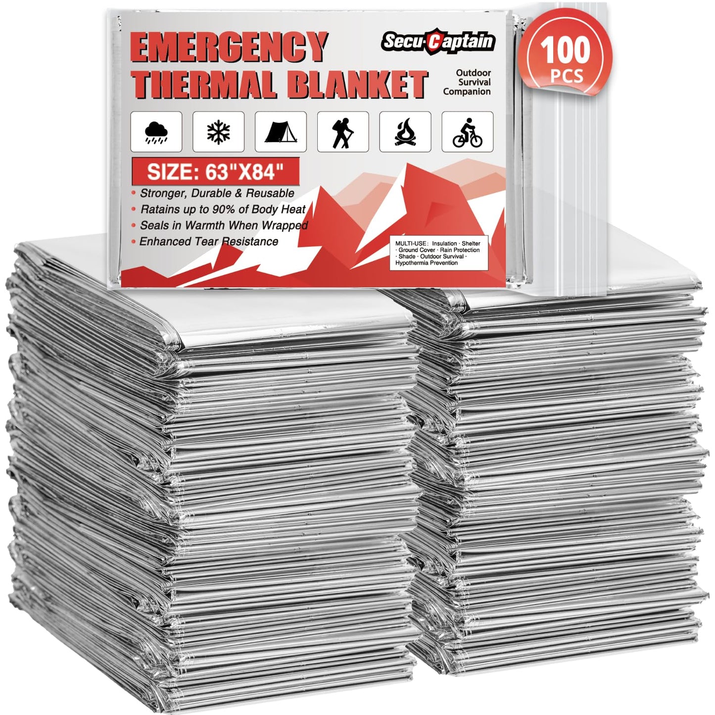 Survival Emergency Thermal Blankets: 100 Pack Extra Large 84” x63” Space Mylar Blanket Kit for Outdoor Cold Winter Camping Hiking Car Bug Out Bag or First Aid