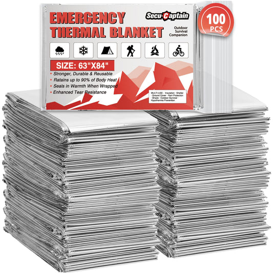 Survival Emergency Thermal Blankets: 100 Pack Extra Large 84” x63” Space Mylar Blanket Kit for Outdoor Cold Winter Camping Hiking Car Bug Out Bag or First Aid