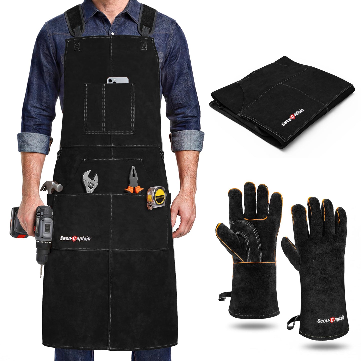 Leather Welding Work Apron Men - X-Large 24" x 42" Widened Straps Heat Flame Resistant Welder Tool Aprons with Gloves Pockets Heavy Duty for Woodworking, Shop - Black Adjustable M to XXXL