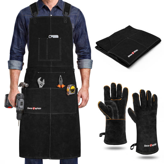 Leather Welding Work Apron Men - X-Large 24" x 42" Widened Straps Heat Flame Resistant Welder Tool Aprons with Gloves Pockets Heavy Duty for Woodworking, Shop - Black Adjustable M to XXXL