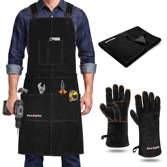 Leather Welding Work Apron Men - X-Large 24" x 36" Widened Straps Heat Flame Resistant Welder Tool Aprons with Gloves Pockets Heavy Duty for Woodworking, Shop - Black Adjustable M to XXXL