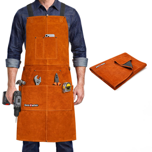 Leather Welding Work Apron Men Women - 24" x 36" Heat Flame Resistant Welder Tool Apron with 6 Tool Pockets Heavy Duty For Welding, Woodworking, Blacksmith, Shop - Brown Adjustable M To XXXL