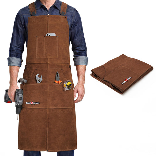 Leather Welding Work Apron Men - X-Large 24'' x 42'' Widened Straps Heat Flame Resistant Welder Tool Apron Heavy Duty For Welding, Woodworking, Blacksmith - Dark Brown Adjustable M To XXXL