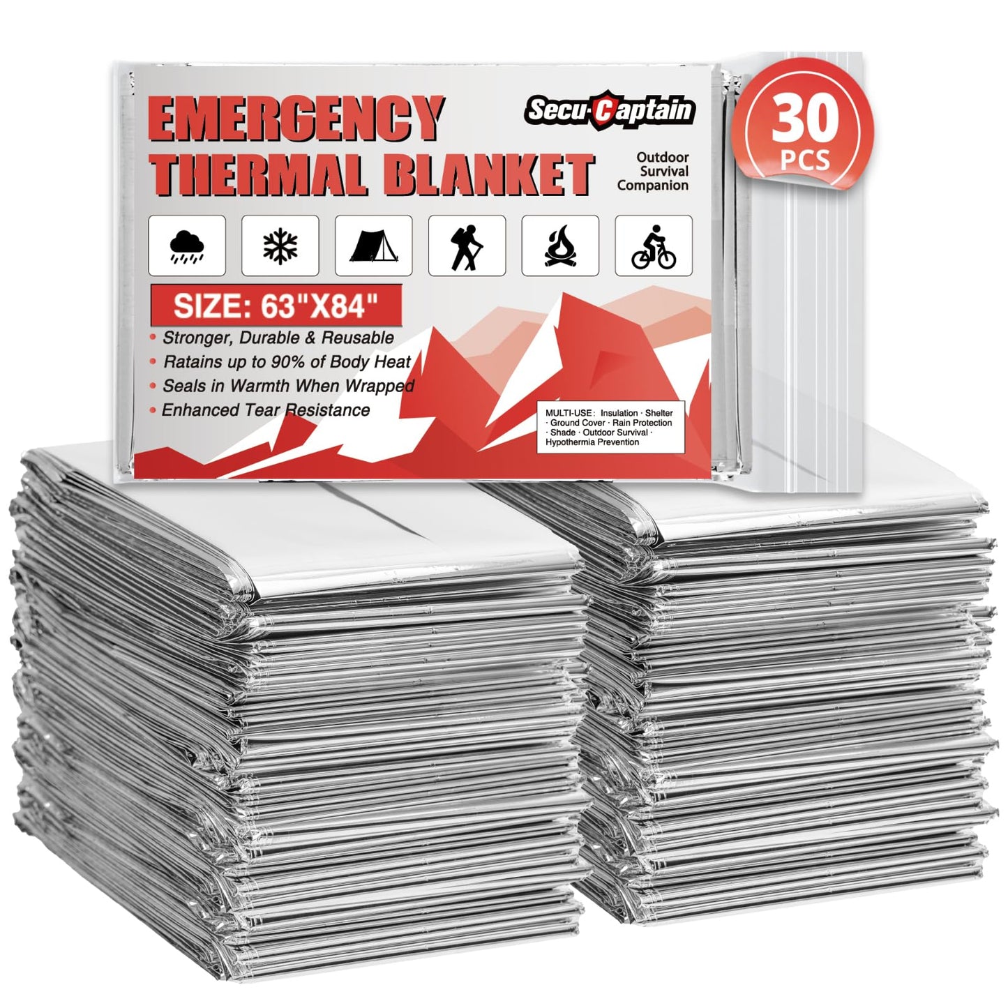 Survival Emergency Thermal Blankets: 30 Pack Extra Large 84” x63” Space Mylar Blanket Kit for Outdoor Cold Winter Camping Hiking Car Bug Out Bag or First Aid