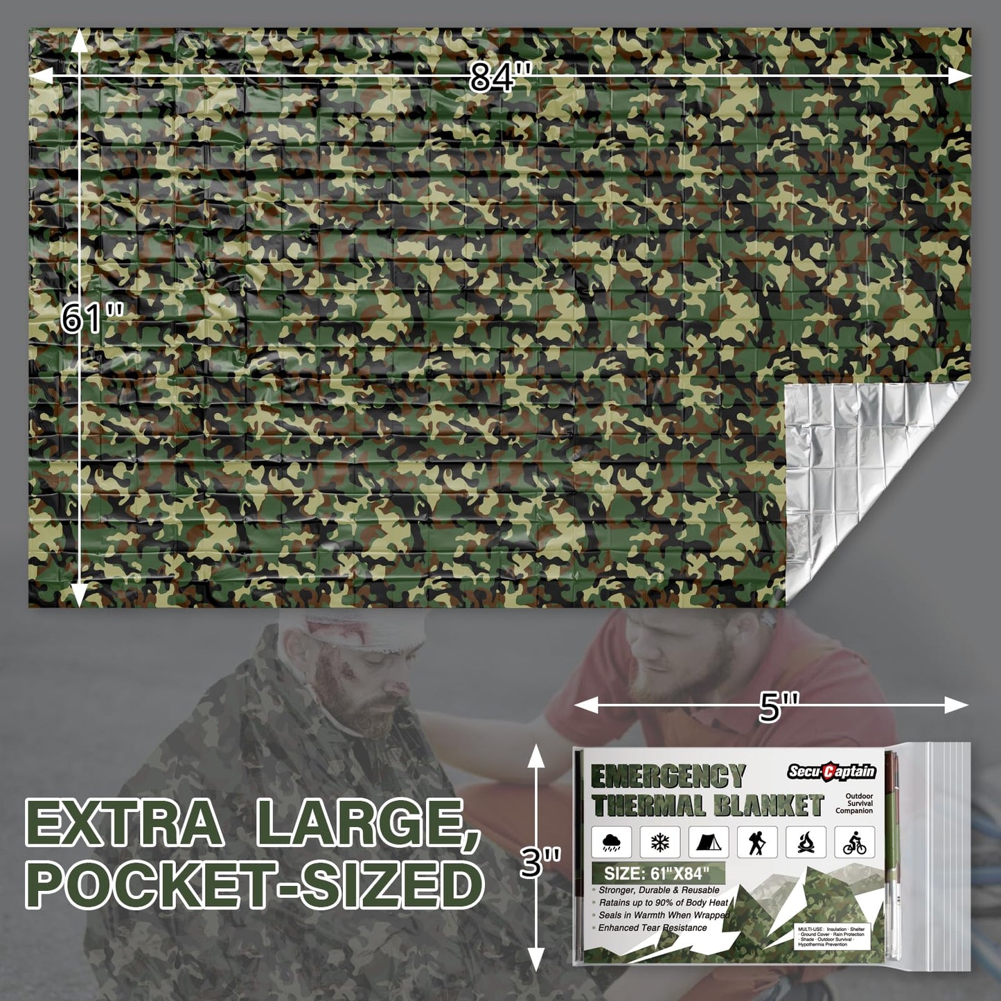 Survival Emergency Thermal Blankets: Thicken 28um Space Mylar Blanket Kit for Outdoor Cold Winter Camping, Hiking, Car Bug Out Bag, or First Aid - Woodland Camo 4 Pack