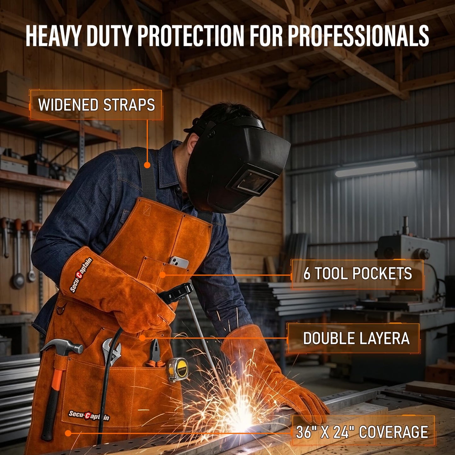 Leather Welding Work Apron Men Women - 24" x 36" Heat Flame Resistant Welder Tool Apron with 6 Tool Pockets Heavy Duty For Welding, Woodworking, Blacksmith, Shop - Brown Adjustable M To XXXL