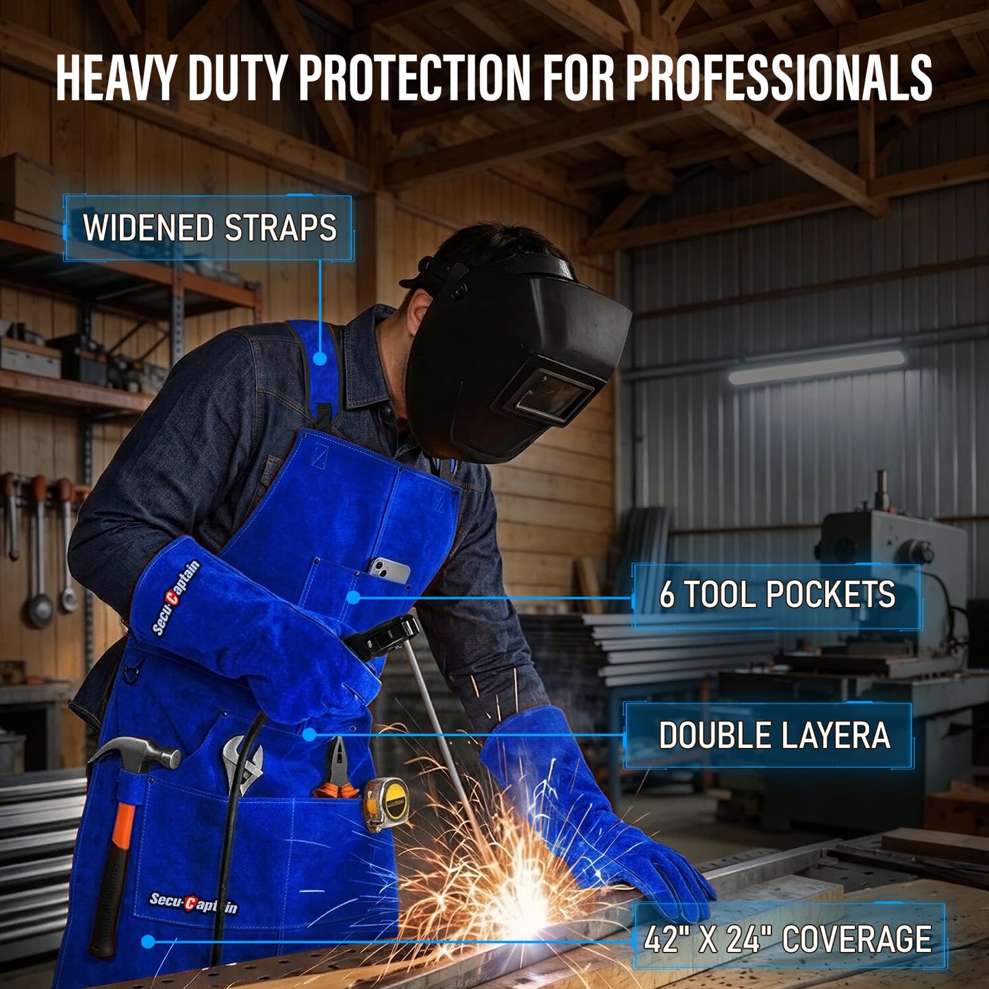Leather Welding Work Apron Men - X-Large 24'' x 42'' Widened Straps Heat Flame Resistant Welder Tool Apron With Pockets Heavy Duty For Woodworking, Blacksmith, Shop, Blue Adjustable M To XXXL