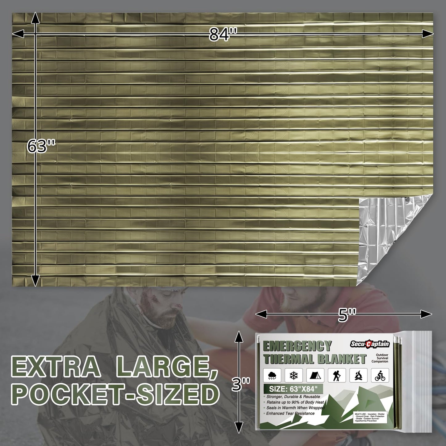 Survival Emergency Thermal Blankets: Extra Large 84” x63” Space Mylar Blanket Kit for Outdoor Cold Winter Camping Hiking Car Bug Out Bag or First Aid - 10 Pack Amy Green