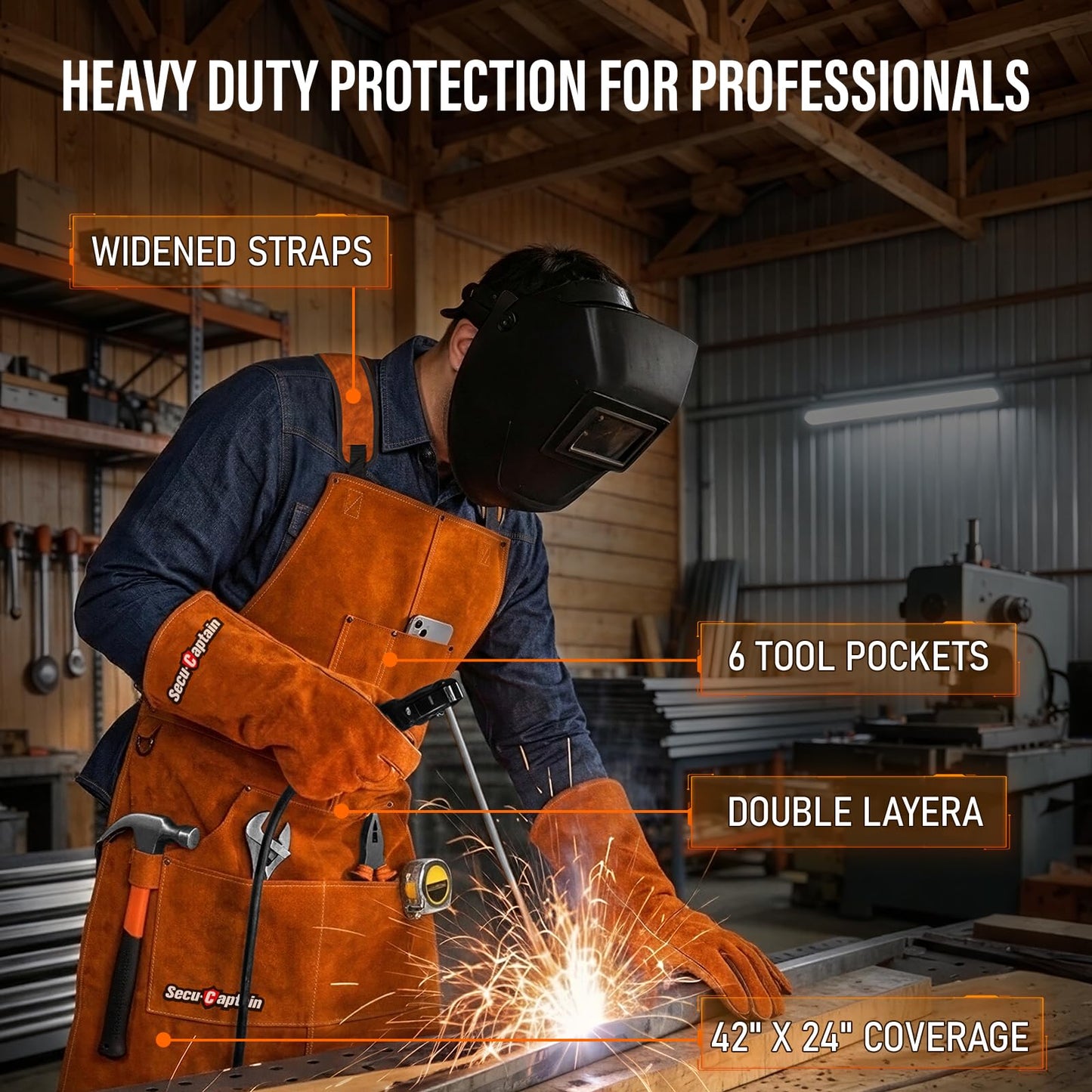 Leather Welding Work Apron Men - X-Large 24" x 42" Widened Straps Heat Flame Resistant Welder Tool Aprons with Gloves Pockets Heavy Duty for Woodworking, Shop - Brown Adjustable M to XXXL