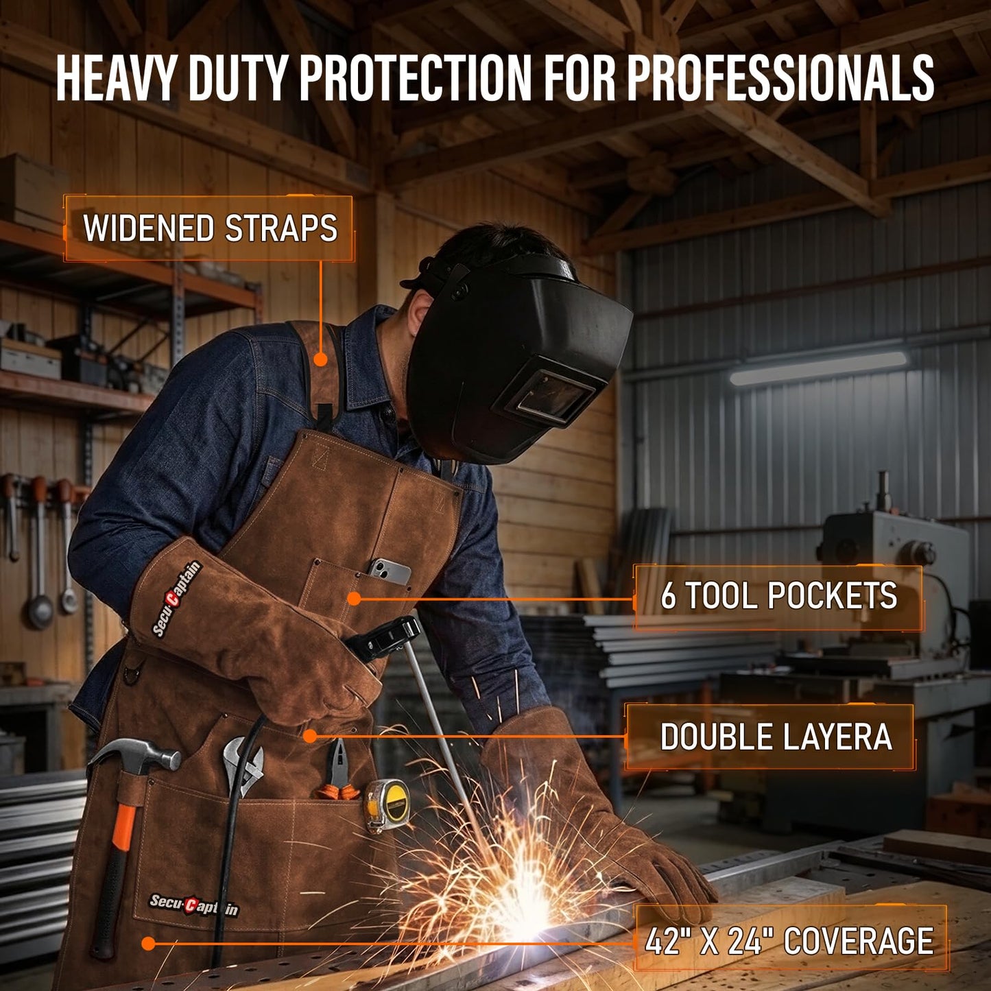 Leather Welding Work Apron Men - X-Large 24" x 42" Widened Straps Heat Flame Resistant Welder Tool Aprons with Gloves Pockets Heavy Duty for Woodworking, Shop - Dark Brown Adjustable M to XXXL