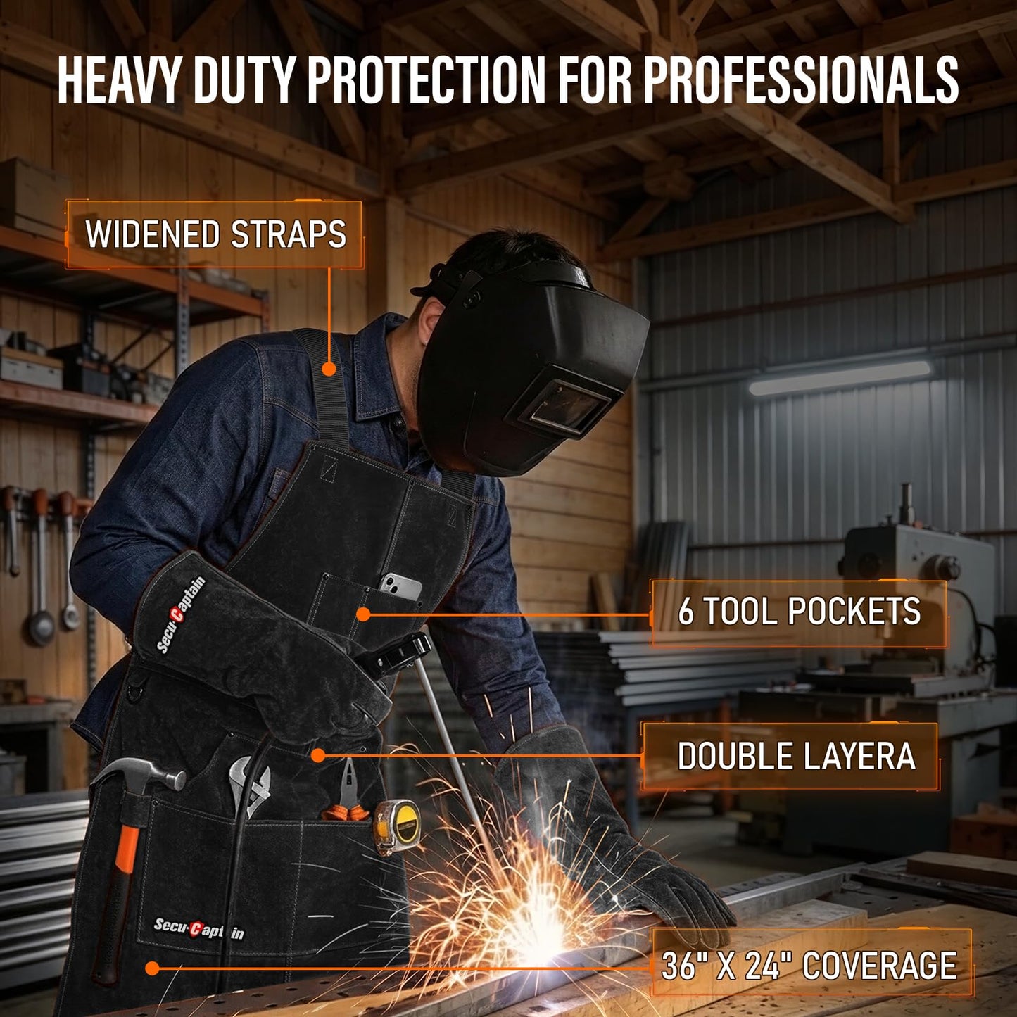 Leather Welding Work Apron Men Women - 24" x 36" Heat Flame Resistant Welder Tool Apron with 6 Tool Pockets Heavy Duty For Welding, Woodworking, Blacksmith, Shop - Black Adjustable M To XXXL