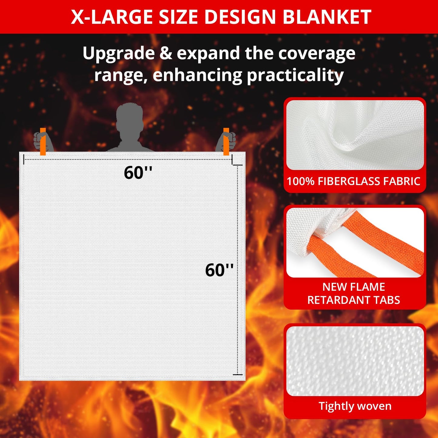 Emergency Fire Blanket for Home - 60"x60" X-Large 4 Pack Flame Retardant Blankets with Fireproof Tabs for House Camping Kitchen Fire Protection Survival Safety